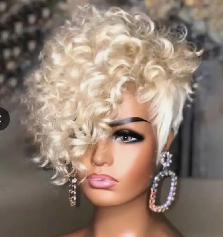 Blonde Short Kinky Curly  Cut Wig Synthetic Natural Hair To Daily Party