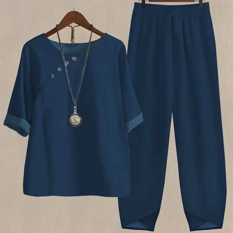 

2025 Spring/Summer Fashion Women's High Street Spring Five-Sleeve Printed Top Pants Two-piece Set