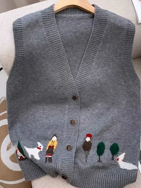 

Spring Autumn Cartoon Knitted V-Neck Loose Women's Vest Open Cardigan Top Layering Shoulder Pad Shirt Casual Outerwear