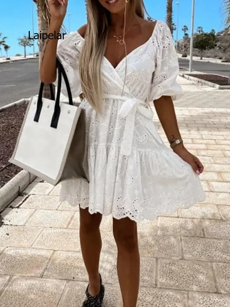 Womens Fashion Short Sleeve Ruffle Loose Beach Dress Elegant Single Breasted Shirt Dress Sexy Embroidery Hollow Out Mini Dresses