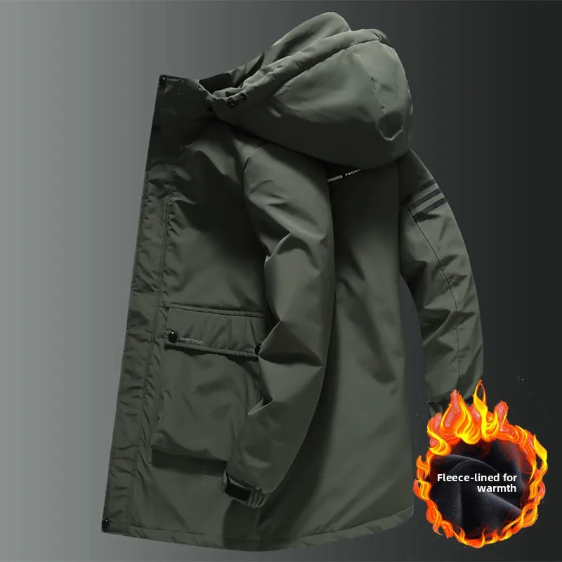 

plus Size Men's Cotton Jacket Mid-Length Fleece Lined Thick Winter Outerwear Loose Fit Casual Cotton Coat Warm Fashionable