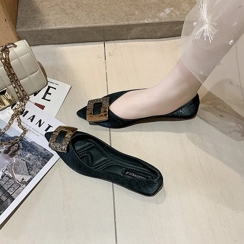 Spring Autumn Summer Winter Women's Flat Shoes Soft Bottom Square Buckle Design Casual round Toe Shoes Comfortable Rubber Sole