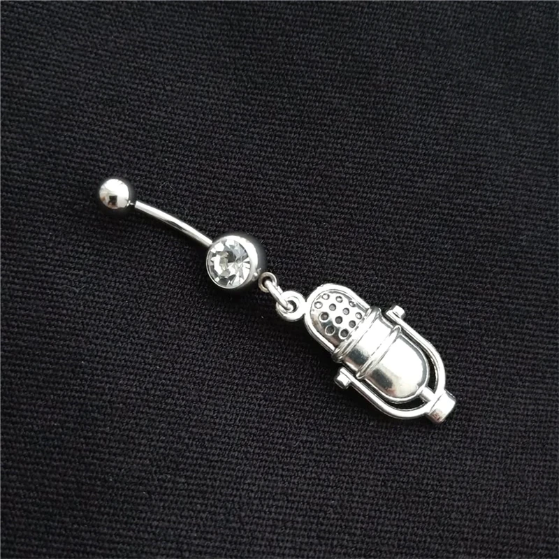 Microphone Charm Belly Button Ring, 14G Navel Barbell Ring, Piercing Body Jewelry, Nostalgic Jewelry for Music Lover