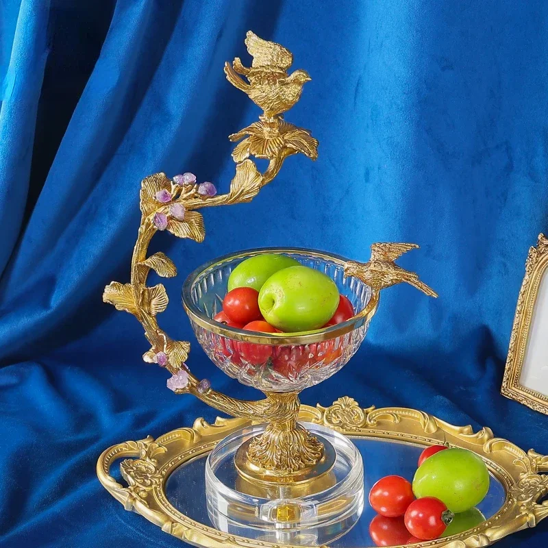 Hot sale ceramics pedestal antique glass fruit bowls with gold bird decorative high footed fruit bowl