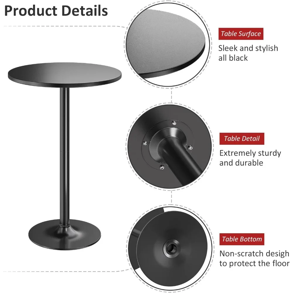 Bistro Pub Table Round Bar Height Cocktail Table Metal Base MDF Top Obsidian Table with Black Leg 23.8-Inch Top