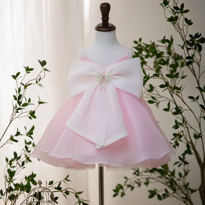 Flower Girl Pink Luxury Dress Children Birthday Baptism Dresses For Kids Elegant Big Bow Frocks Girls Boutique Party Wear Dress