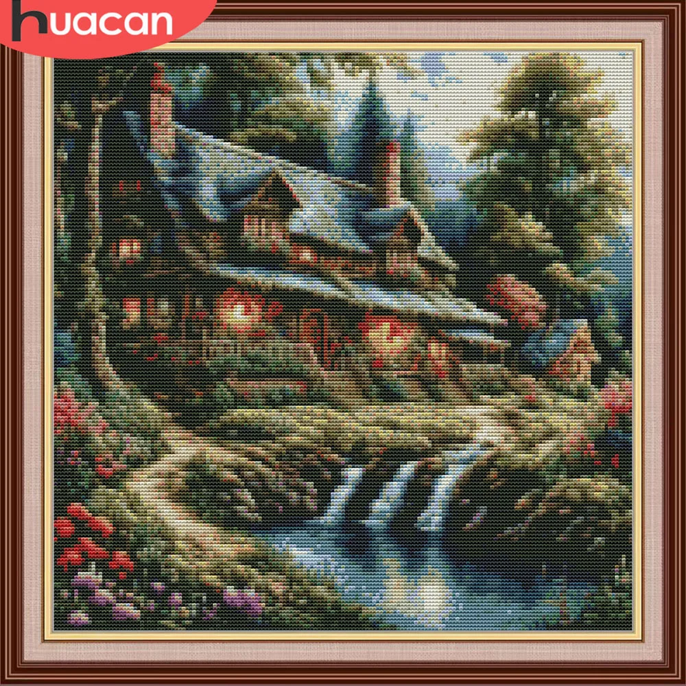 HUACAN Kreuzstich-Set, Haus, Natur, Landschaft, Stickerei-Sets, Wasserfall, Handarbeit, Handwerk, 11 Karat, Bild gedruckt für
