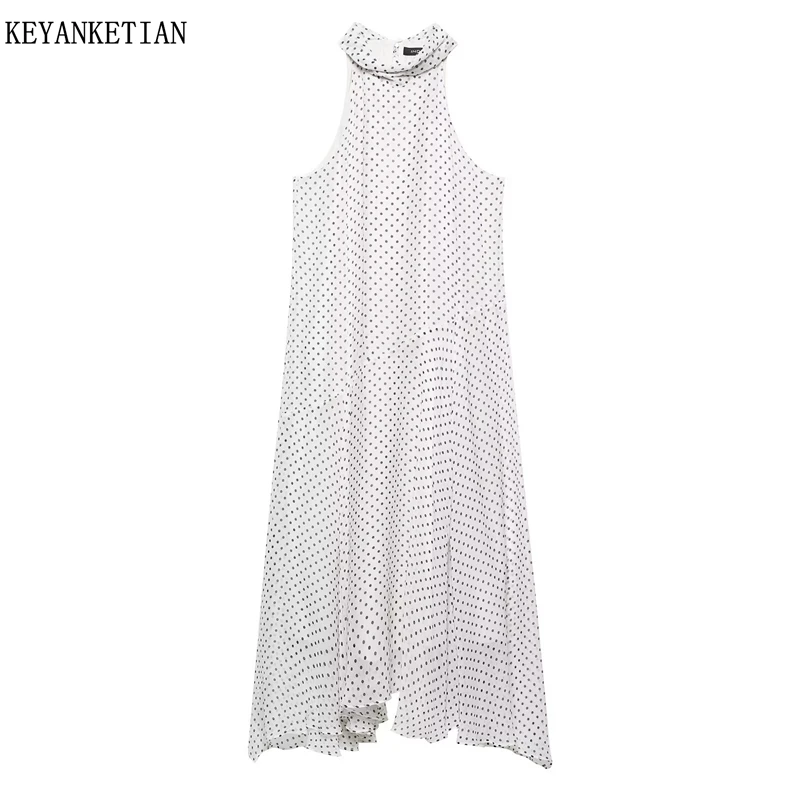 

KEYANKETIAN Summer New Women's Hepburn style Polka Dot Print MIDI Dress Bow Lace Up Mock Neck A Line Sleeveless Flowing Dress