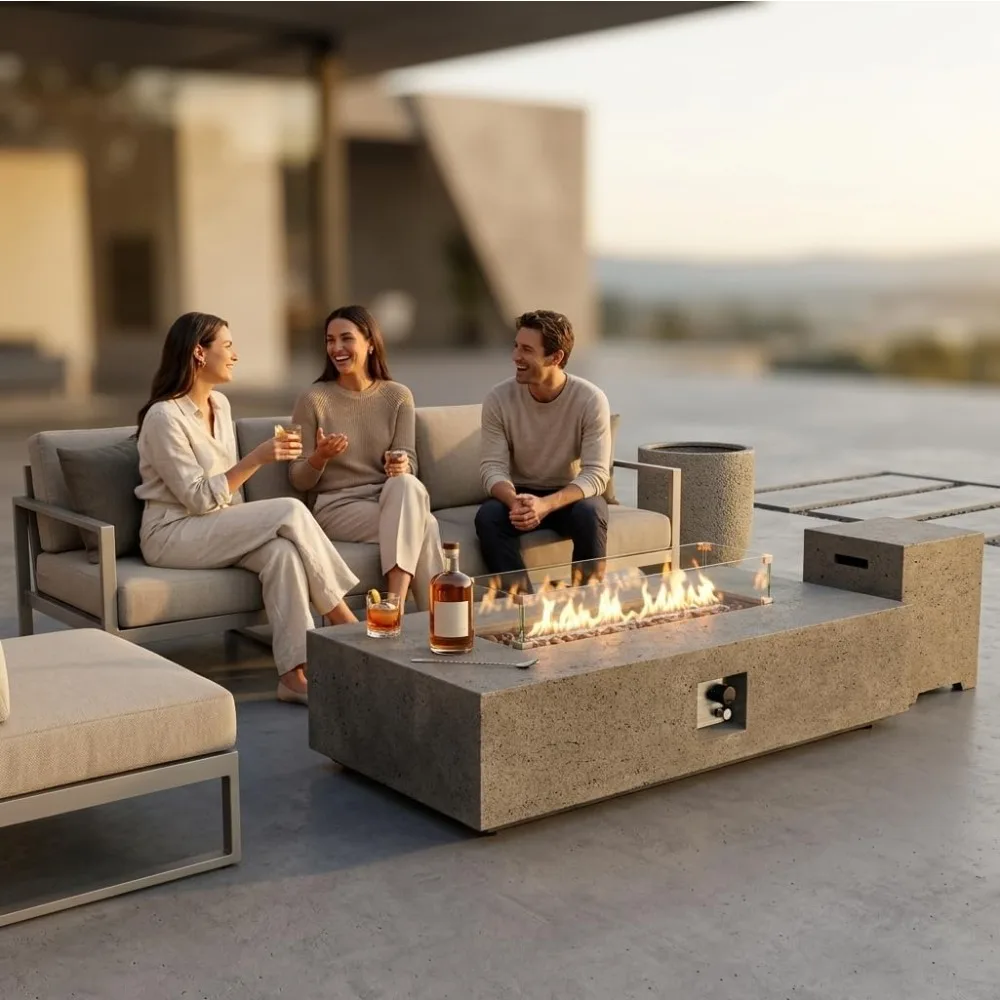 56 Inch Rectangle Propane Fire Pit Table CSA Certified 50000 BTU Outdoor Fireplace Backyard Porch Garden Grey Wind Guard Tank