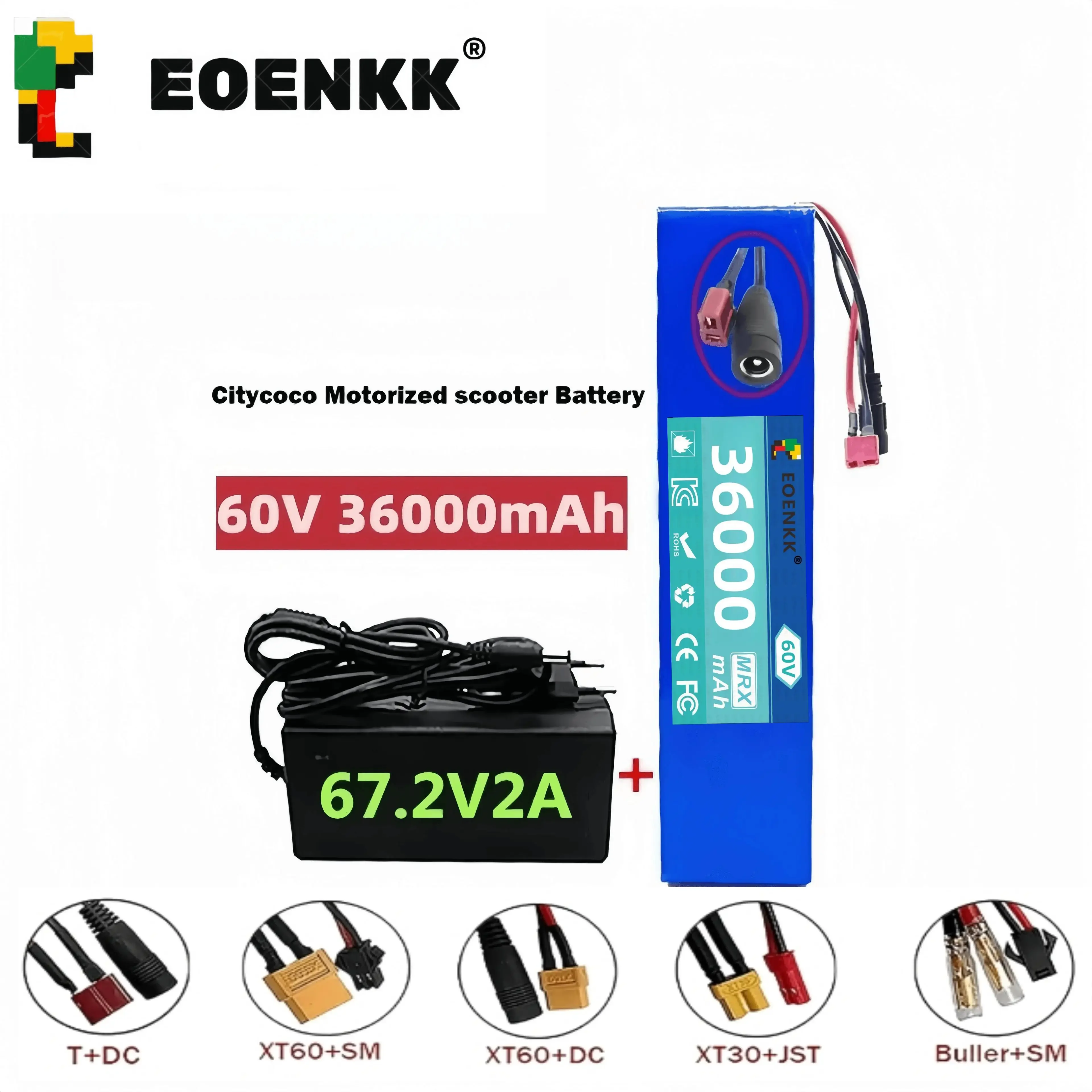 EOENKK 60V 16S2P 36000mah 18650 Lithium Ion Battery Pack 67.2V for Backup battery pack Kids Car Built In 1000 Watt with Bms