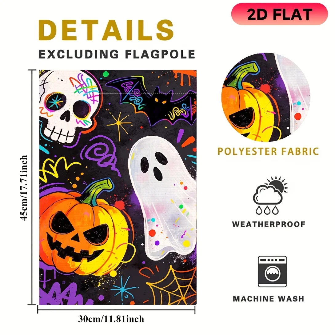 2D Flat Garden Flag 1 Piece, Graffiti Skull Ghost Pumpkin Halloween Garden Flag, Halloween Celebration Flag, Durable Polyester Material, Very Suitable for Garden, Lawn, Yard, Home, Outdoor, Beach Decoration Flags, Halloween Celebration Decoration Flags