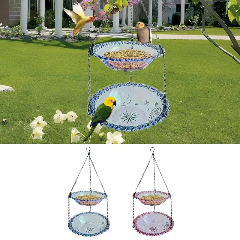 Birdbath Bowl Clear Large Bird Bath Outdoor Bird Feeder Double Layers Bird Feeder Bowl Metal Chain Weatherproof Garden Decor