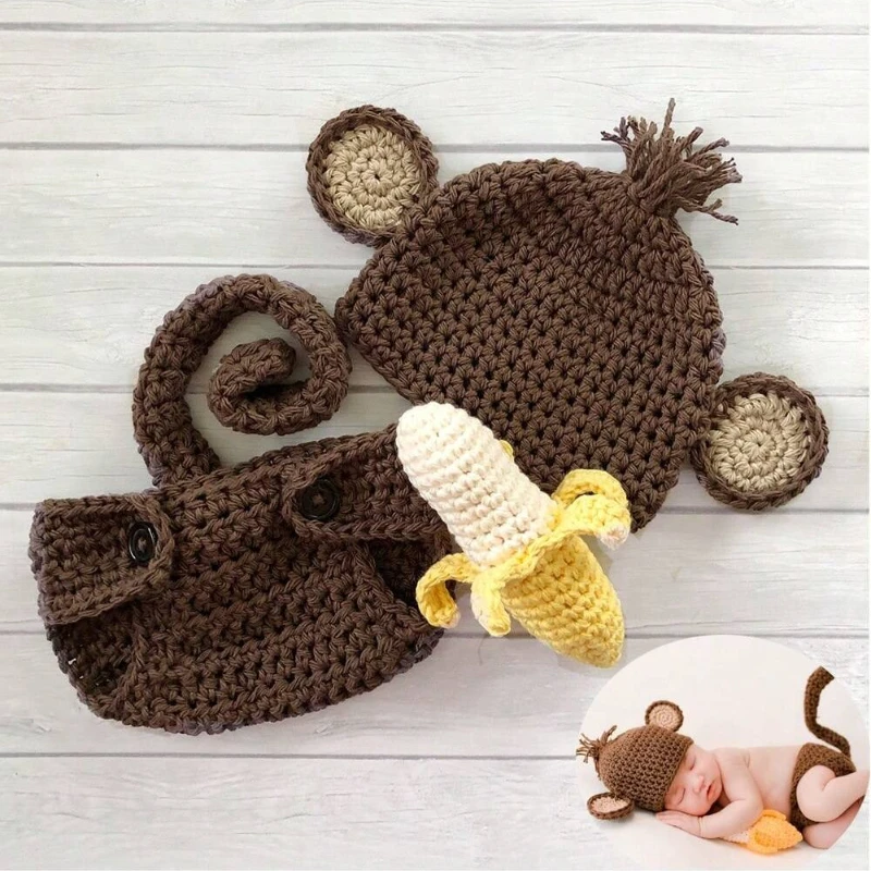 Newborn Monkey Crochet Outfit: Hat, Diaper Cover & Banana Set - Baby Photography Prop, Handmade Animal Posing Costume
