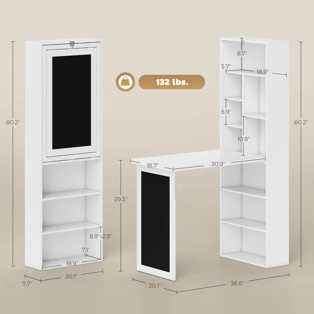 مكتب كتابة قابل للطي وقابل للتحويل، وخزانة مكتب مثبتة على الحائط مع سبورة، ورف جانبي مكتب منزلي متعدد الوظائف #3
