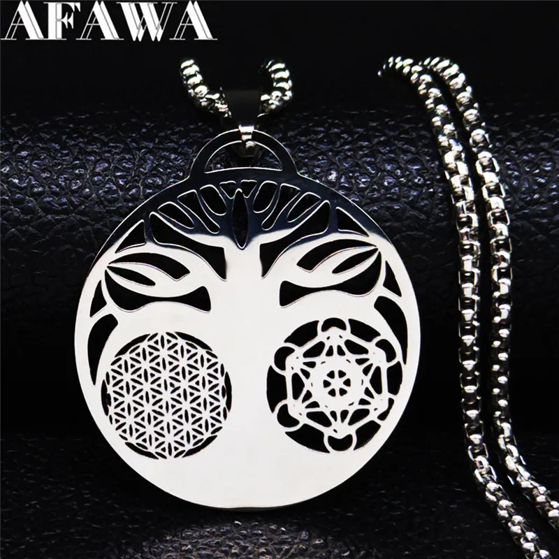 Yoga Flower of Life Buddhist Amulet Necklace Stainless Steel Spiritual Medal Tree  of Life Necklace Jewelry fleur de vie N3091