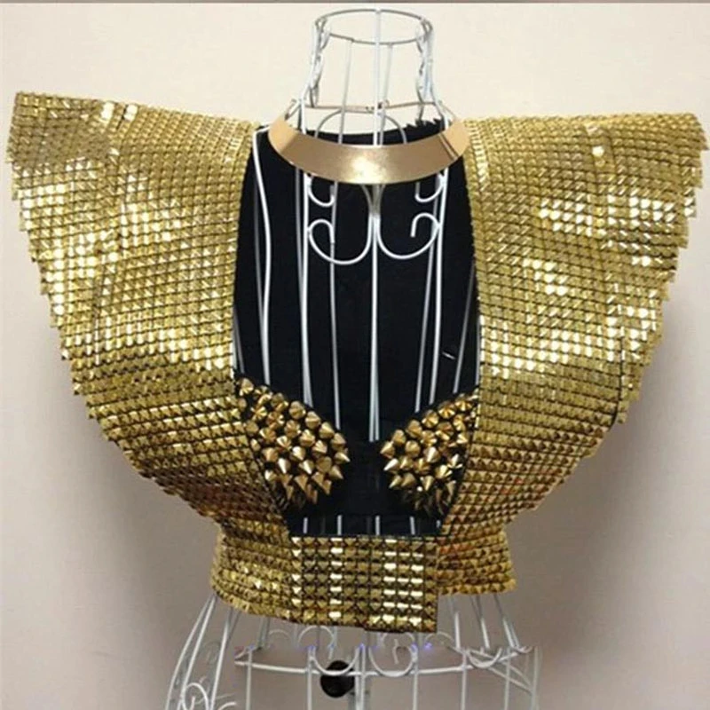 Silver/Gold Rivet Fly Shoulder Vest Singer Dancer Stage Costume Punk Party Rave Outfit Nightclub Gogo Pole Dance Clothes VDB5943