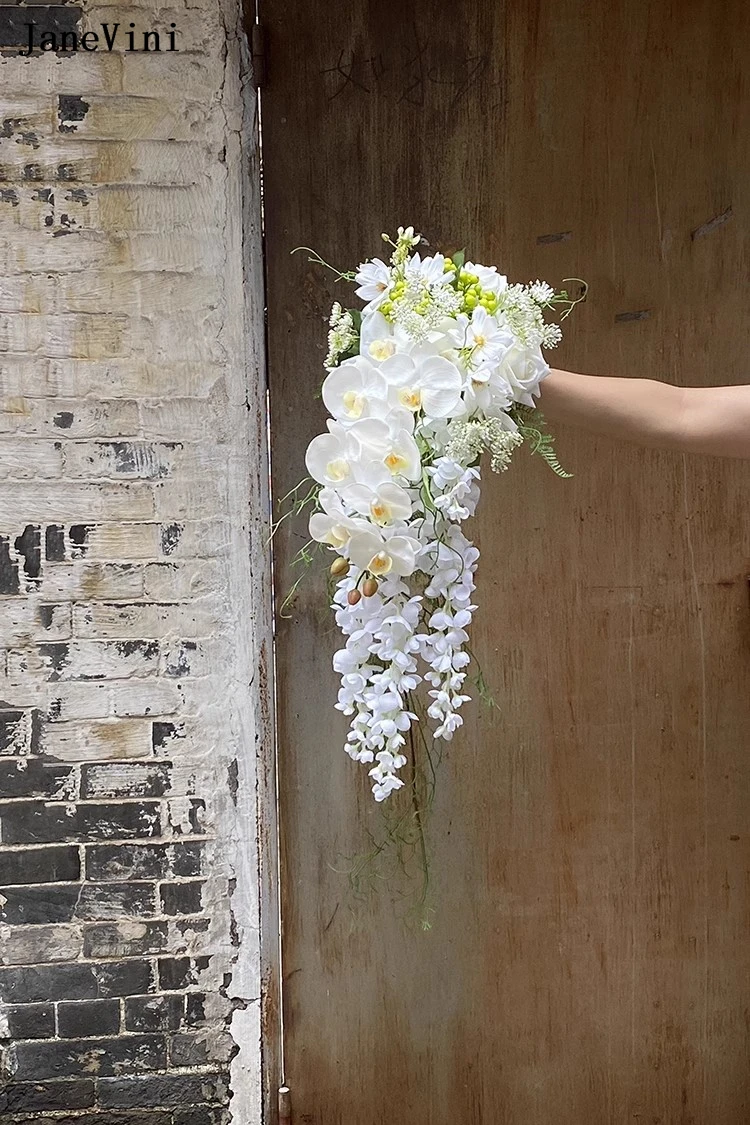 JaneVini-Fleurs en Cascade Blanches Élégantes, Bouquets de Patients en Cascade, Injtrash Artificiel, Bouquet de Mariée Boho, Accessoires de Mariage