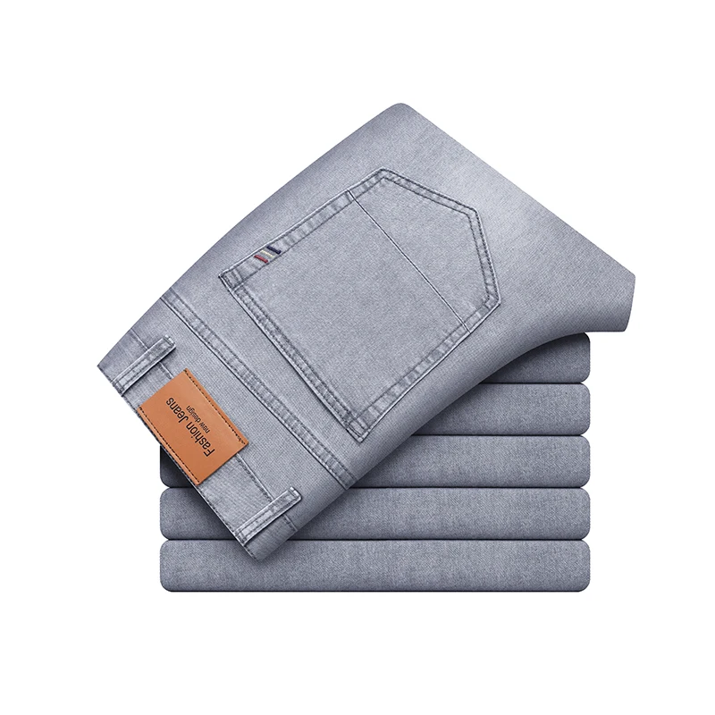 New Men's Thin Jeans Summer Straight Business Casual Denim Pants Cotton Soft Elastic Male Brand Trousers Light Gray