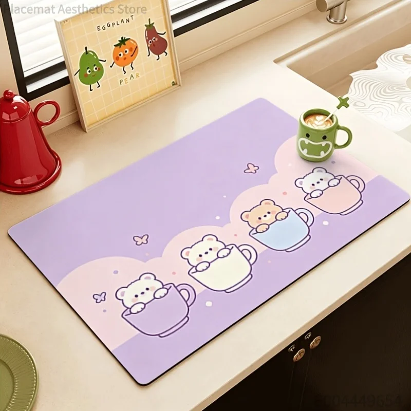 Cute Cartoon Bear Coffee Cup Print Super Absorbent Drying Mat, Waterproof Kitchen Counter Coffee Drain Pad Decor Placemat