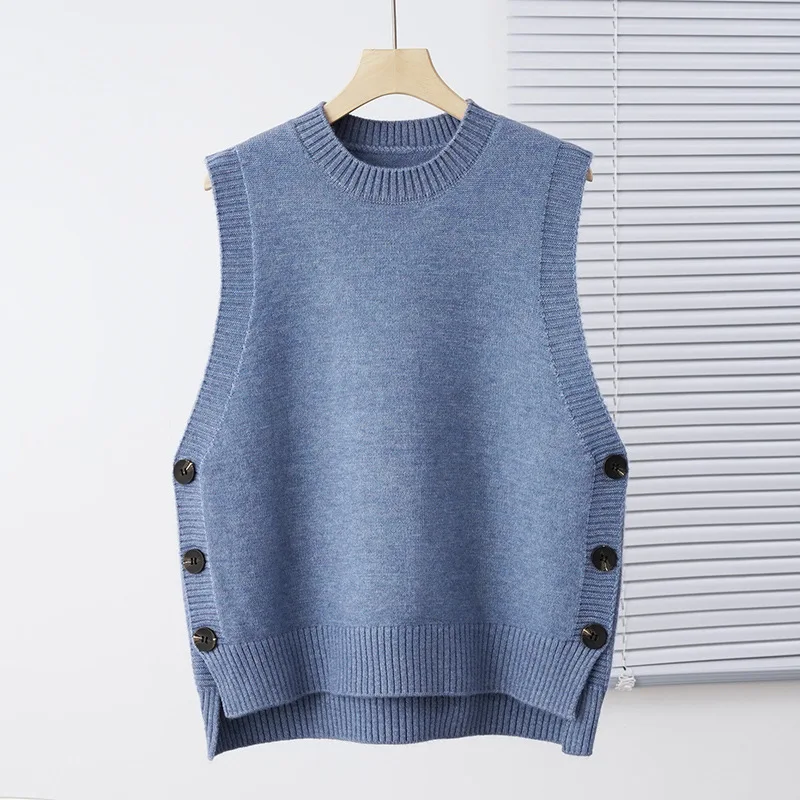 #3935 Asymmetrical Sweater Vest Women Side Buttons Knit Pullover Vest Round Neck Outerwear Short Knitwear Vest Femme Solid Color