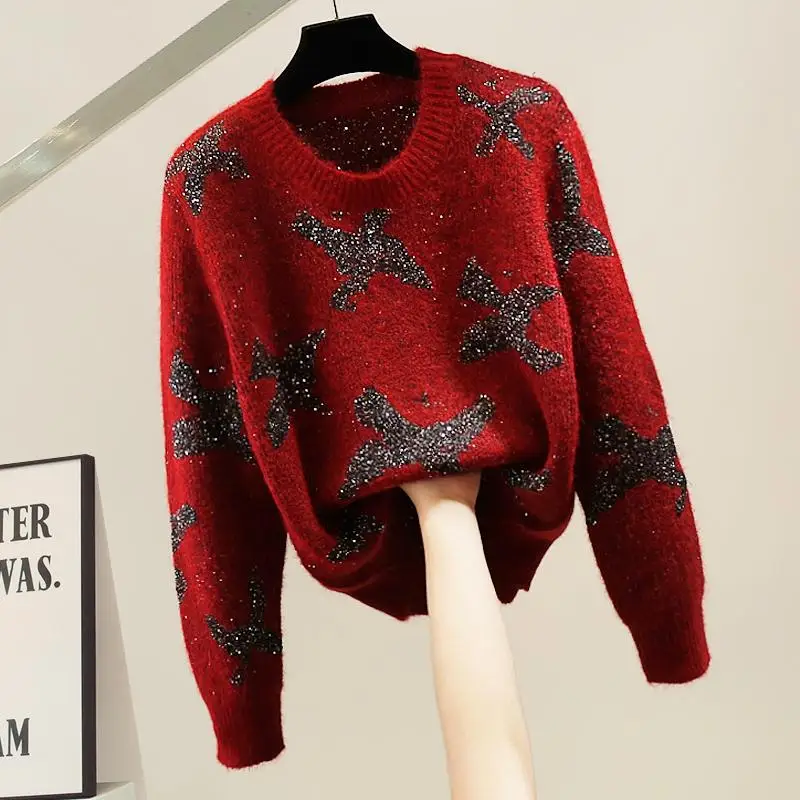 

Fashion New Sequined Bow Sweater Women's Long-sleeved Pullover Loose Temperament Knitwear Top New Year Red Sweater 2025
