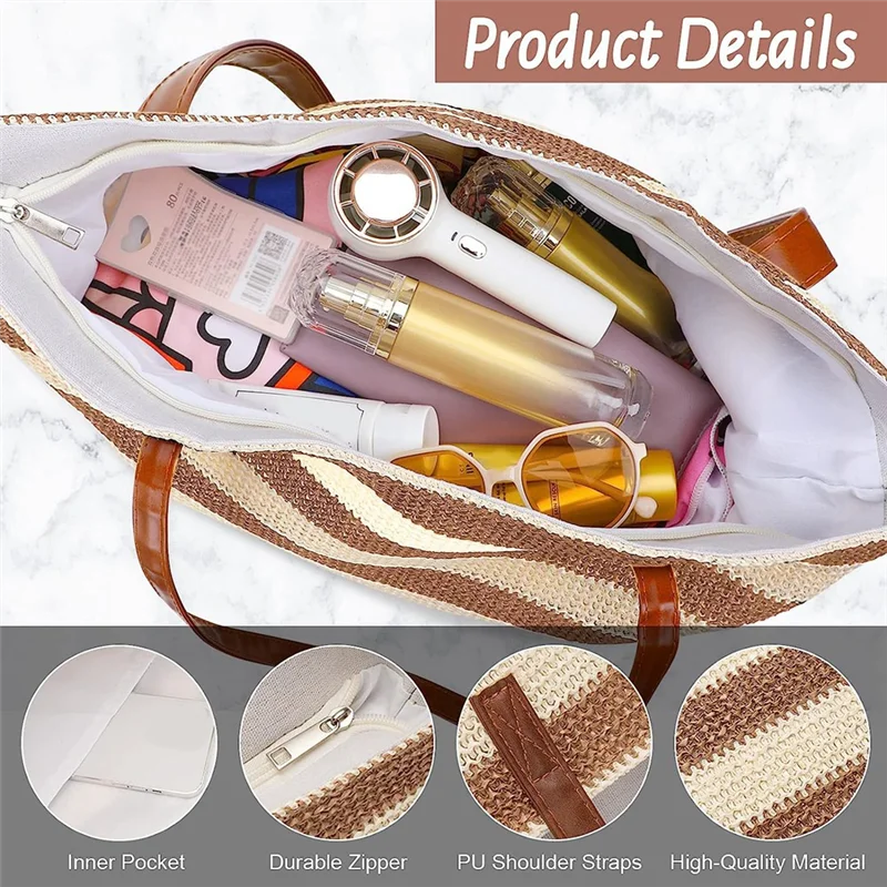 

Large Straw Bag Beach Tote Bag With Zipper Beach Handbag With Stripe Woven Shoulder Bag Khaki