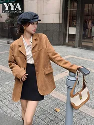 Vintage Women Faux Suede Leather Blazer Mid Long Single Breasted Office Ladies Work Casual Suit Coat Spring New Straight Jacket