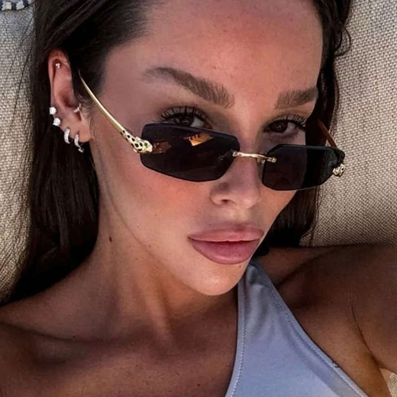 2025 Rahmenlose, schmal geschnittene Metall-Cheetah-Sonnenbrille im europäischen und amerikanischen Fashion-Stil für Damen