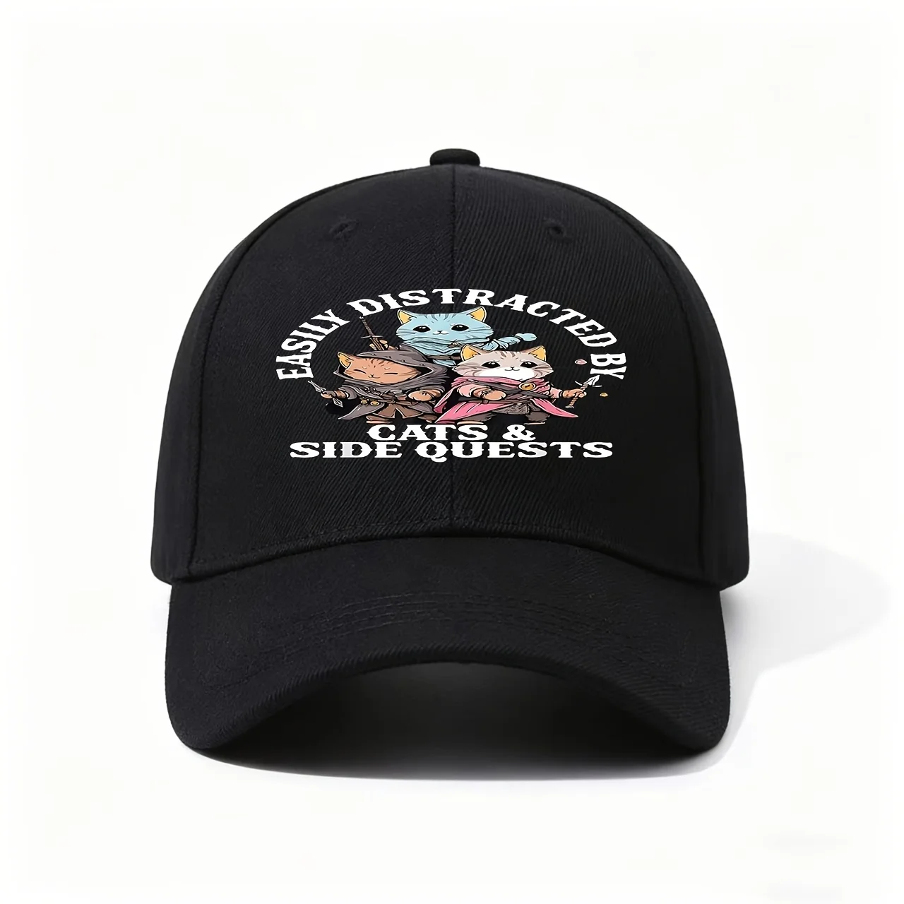 Cartoon Cat Design Baseball Cap, Featuring Easily Distracted by Cats & Side Quests Slogan, Ideal for Daily Outings, Outdoor Hiki