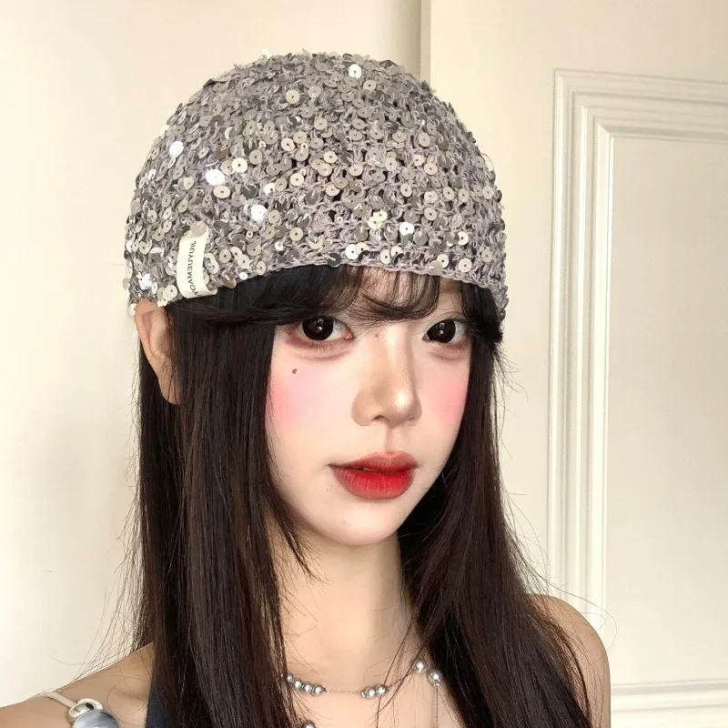 Vintage Silver Sequined Knitted Beanies Y2K Spring Autumn Street Trend Versatile Niche Design Fashion Pullover Hats for Women