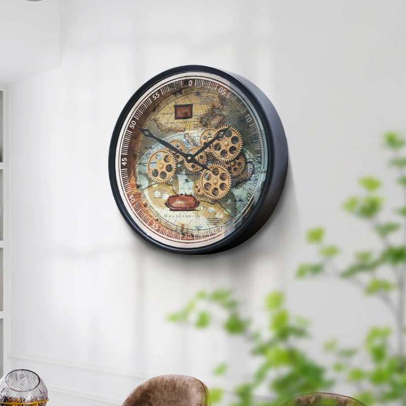 Retro High Sense Clock, Ancient Style, Living Room, Household Decorative, European Style Hanging Watch, Circular Gear Art Wall C