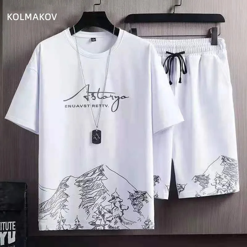 (T-Shirt + Shorts)2024 Summer Men Fashion Short Sleeve T-shirts Men\'s Casual Elastic Waist Shirts Men Two-piece Suit y2k Clothes