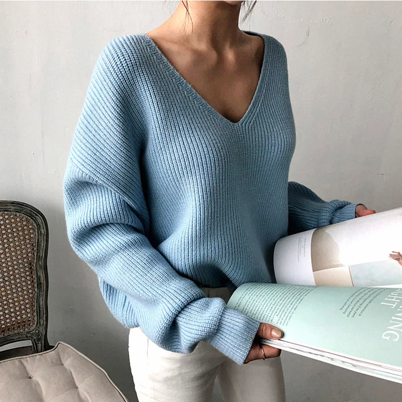 Autumn and Winter Women\'s Pullover V-neck Solid Screw Thread Lantern Long Sleeve Sweater Knitted Bottom Fashion Casual Tops