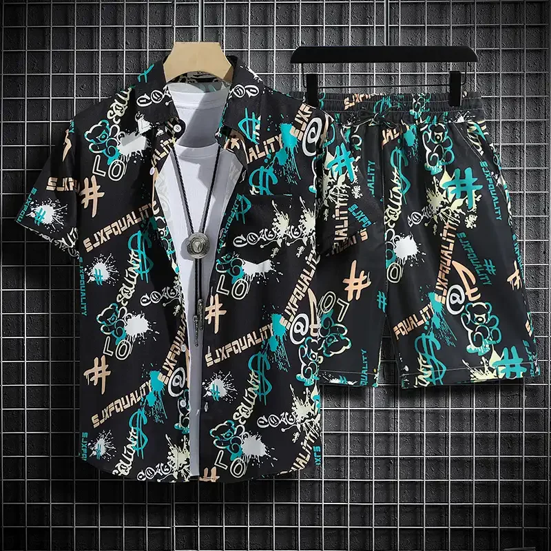 

Mens Graffiti Print Shirt Shorts Set Summer Beach Casual Two Piece Outfit