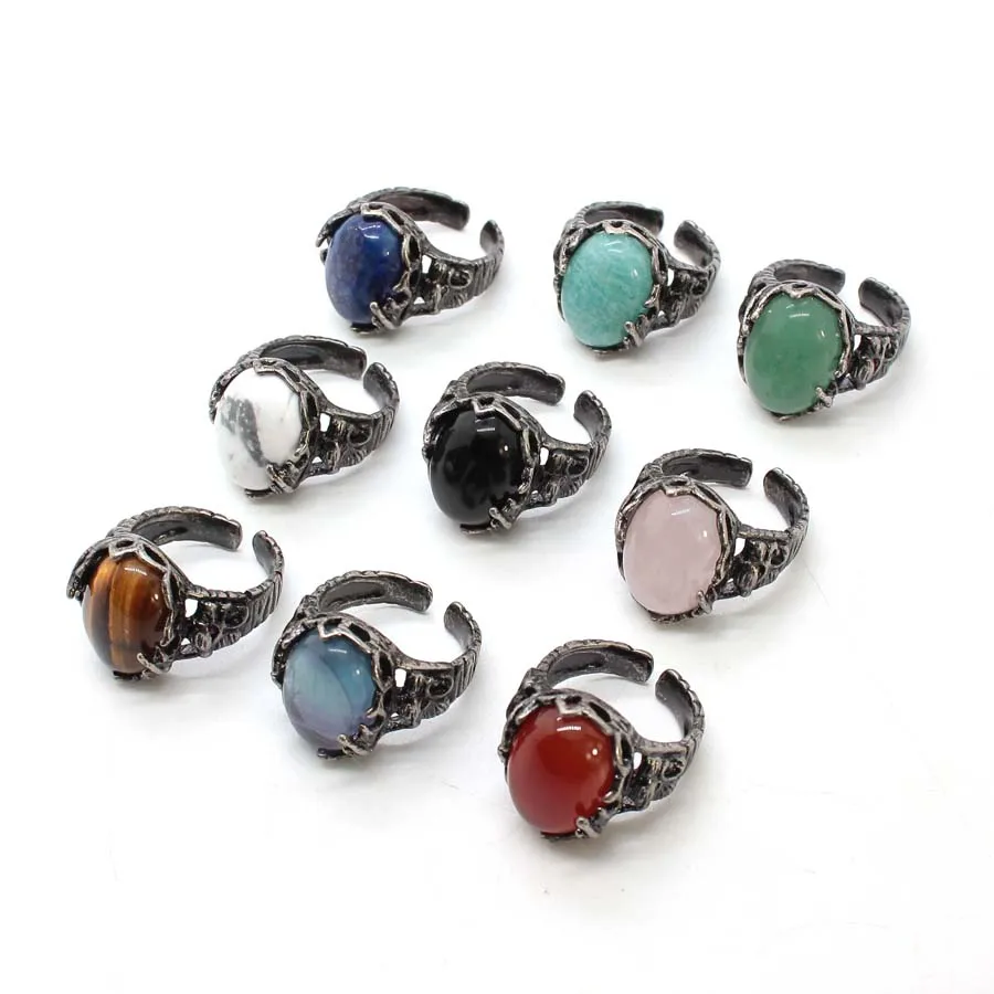 Antique Silver Crystal Stone Open Rings For Women Natural Amethyst Rose Quartz Lapis Lazuli Adjustable Finger Ring Man Jewellery