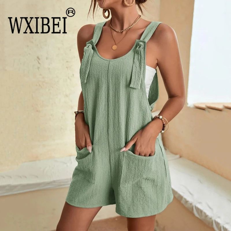 

WXIBEI 2024 Summer Women's Jumpsuit Overalls Short Loose Sleeveless Wide Leg Overall Solid Casual Romper with Pockets ALH081