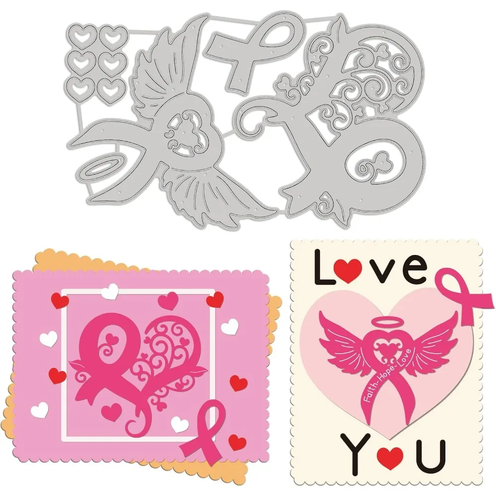 1Set Breast Cancer Festival Embossing Template Pink Ribbon Carbon Steel Die Cuts Love and Wing Embossing for Scrapbooking