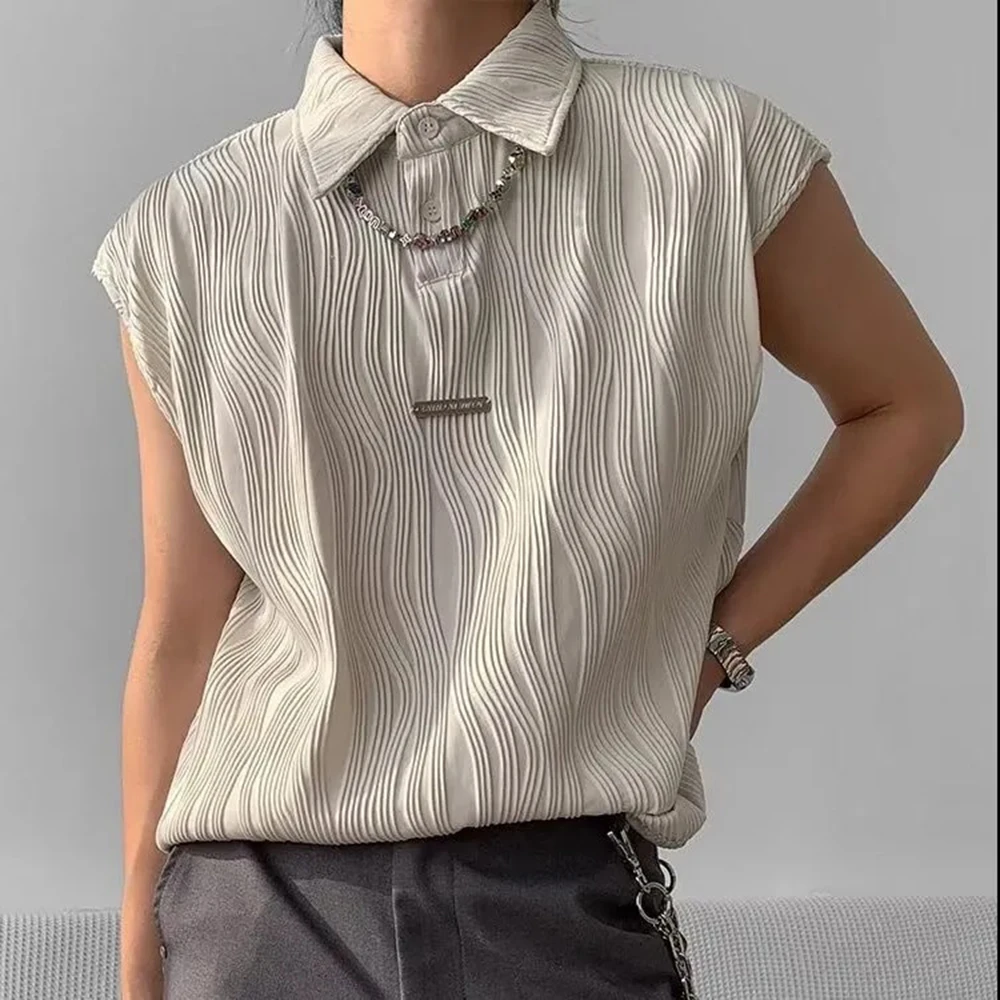 Men Summer Tank Top Metallic Wave Pleats Vest Streetwear Fashion Niche Outdoor Breath Sleeveless T Shirt Men'S Clothing 2026 New