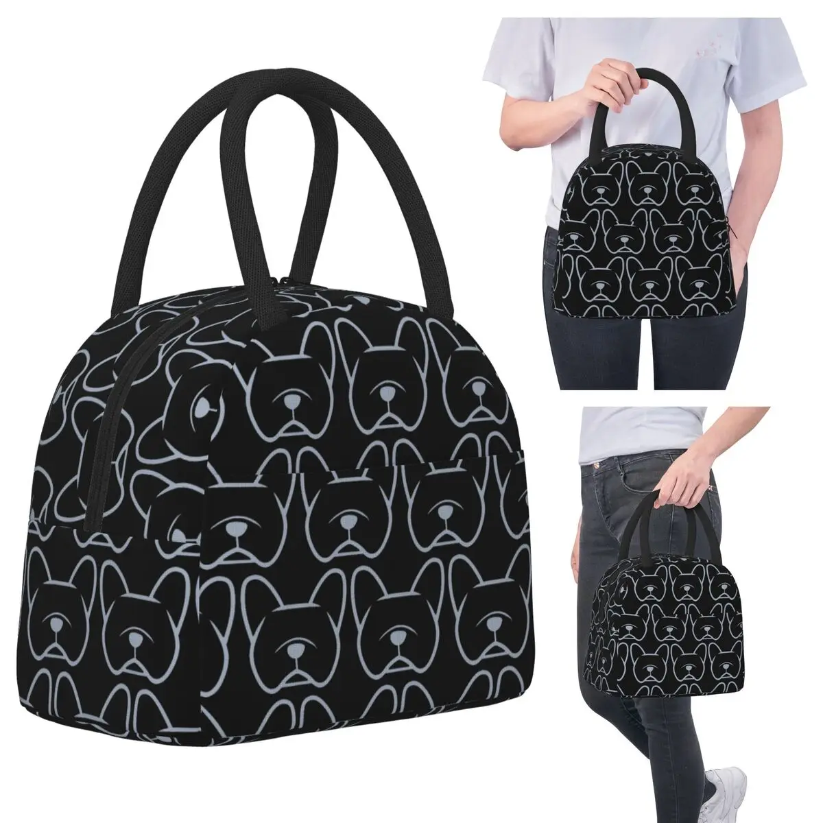 

French Bulldog Face Silhouette In Light Gray On Navy Insulated Lunch Bag Cooler Thermal Food Box Tote Portable Lunch Boxes