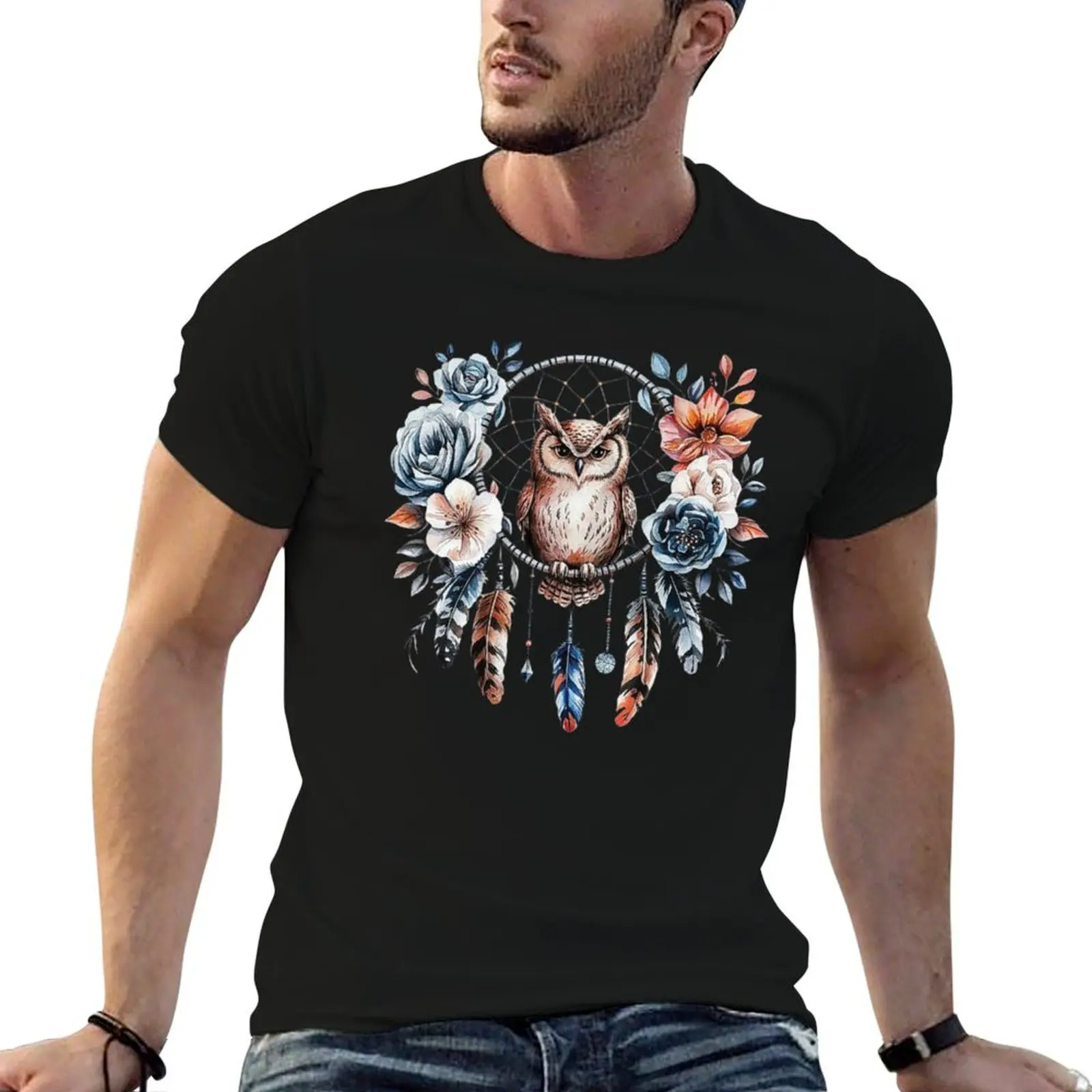Elegant Owl with Dreamcatcher and Floral Details T-Shirt Plus Size Lightweight Top