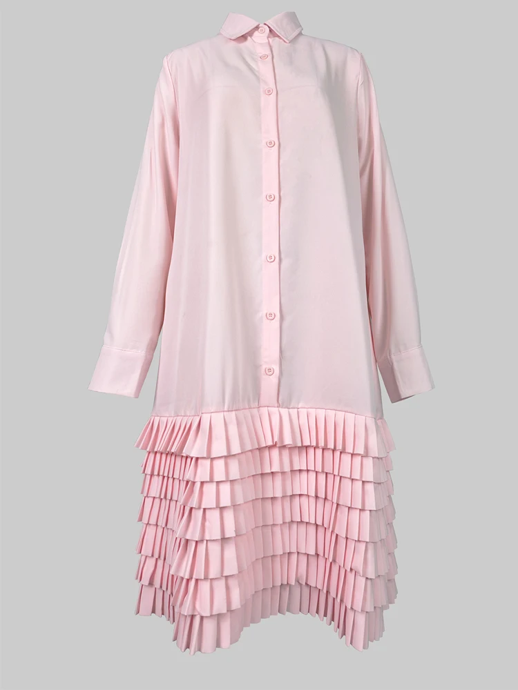 Vestidos midi linha a femininos 2024 novo outono verão mangas compridas em camadas bolsos plissados cor sólida lapela camisa vestido
