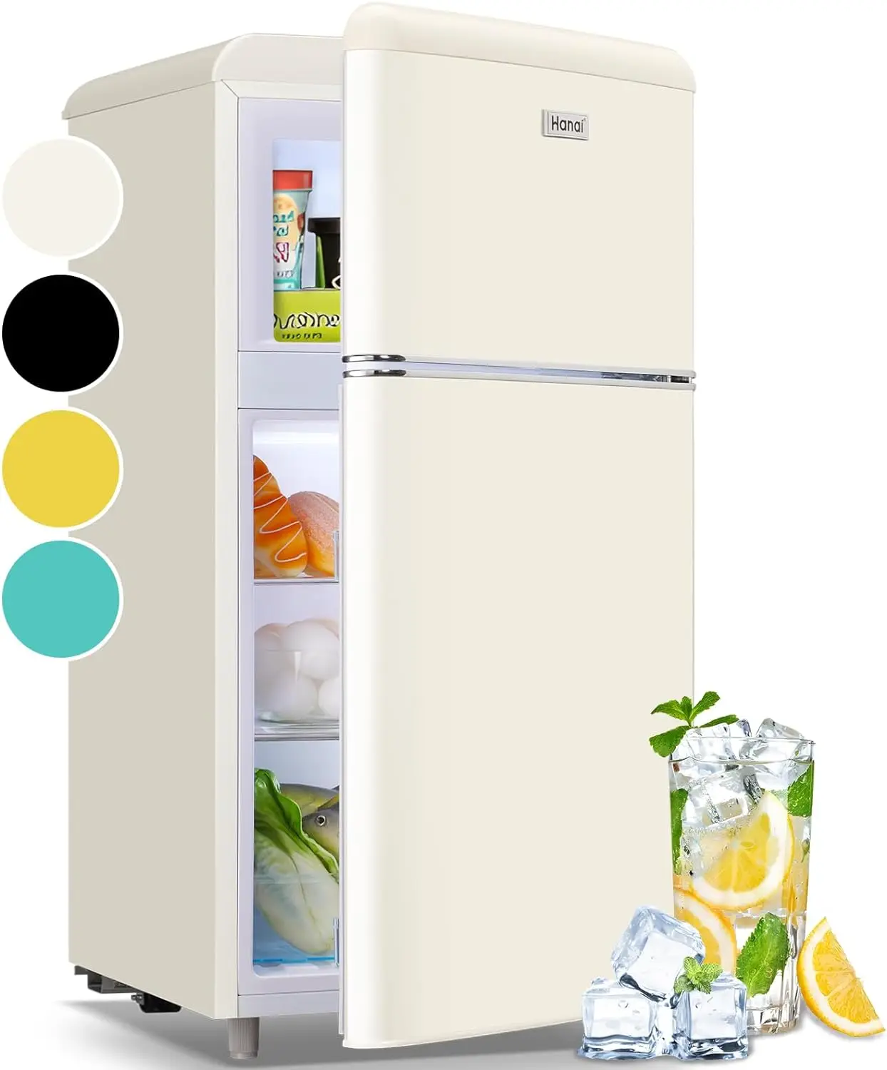 

New 3.5 Cu.ft Retro Mini Fridge with Freezer Small Refrigerators Dual Doors & Handles Cream Freestanding Classic Refrigerator