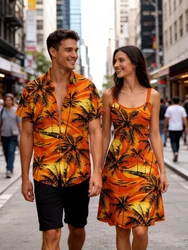 Plus Size Matching Hawaii Beach Outfit For Couples Ombre Dusk Coconut Tree Swallow Print Dress and Button Shirt S-3X