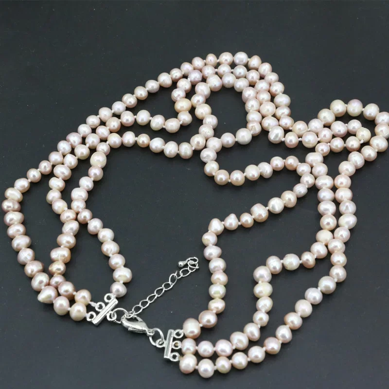 3 Rows Necklace Natural Freshwater Pearl 7-8mm 3 Colors Round Beads For Women Jewelry Fashion Chains Prom Gifts 17-19inch