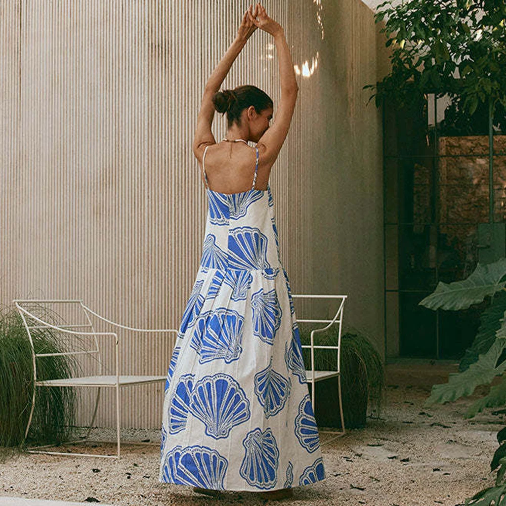 Vestido largo de lino con tirantes y estampado floral azul elegante para mujer primavera verano