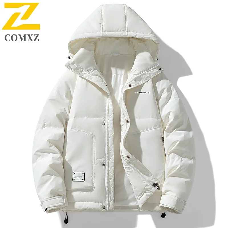 

COMXZ премиум-класса с капюшоном, мужское пуховое пальто, многофункциональные удобные куртки для исследования на открытом воздухе, однотонный дизайн, теплые зимние пальто для путешествий