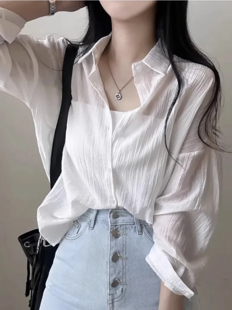 Women's Long Sve irt Jaet Thin Vintage Turn-down Collar Single Button Chic Small Size Top Korean Sle Loose Fit Pure ...