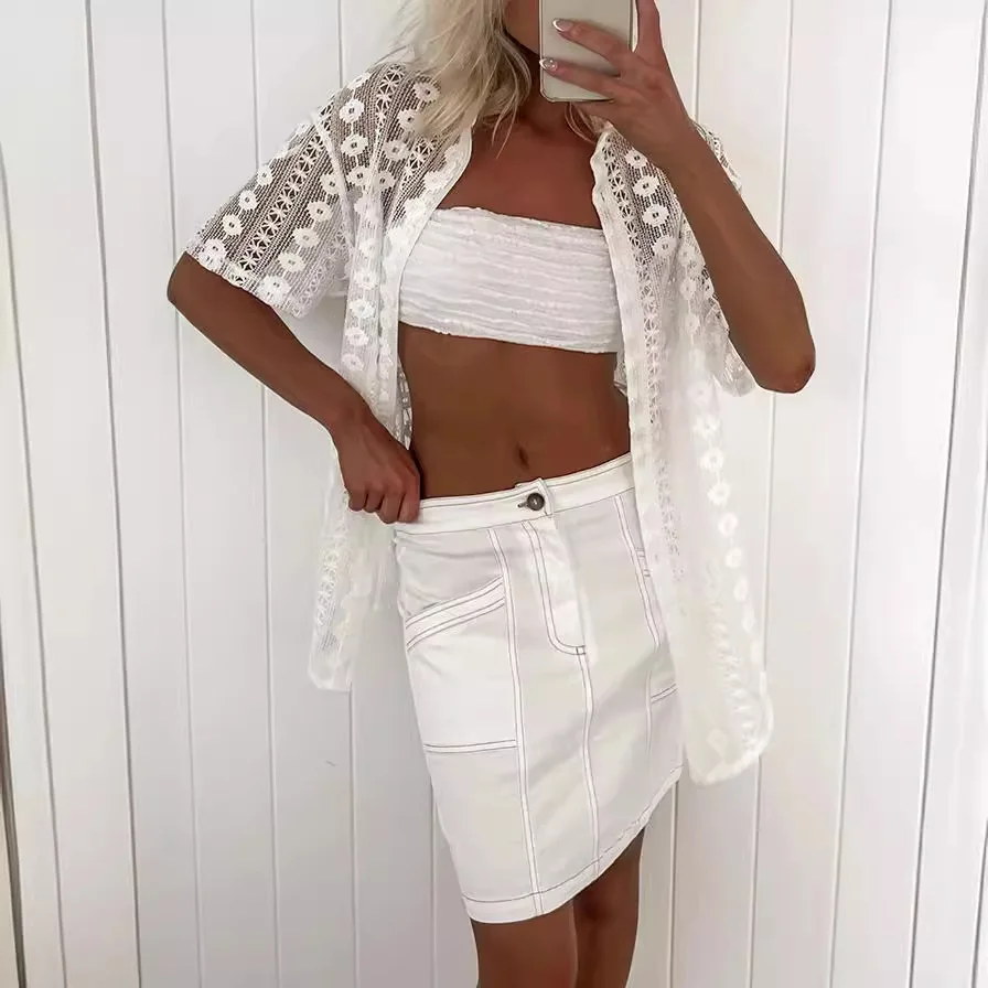 

2024 New Casual Women's White Lace Hollow Short-sleeved Cardigan + Shorts Two-piece Suit Костюм Женский Летний