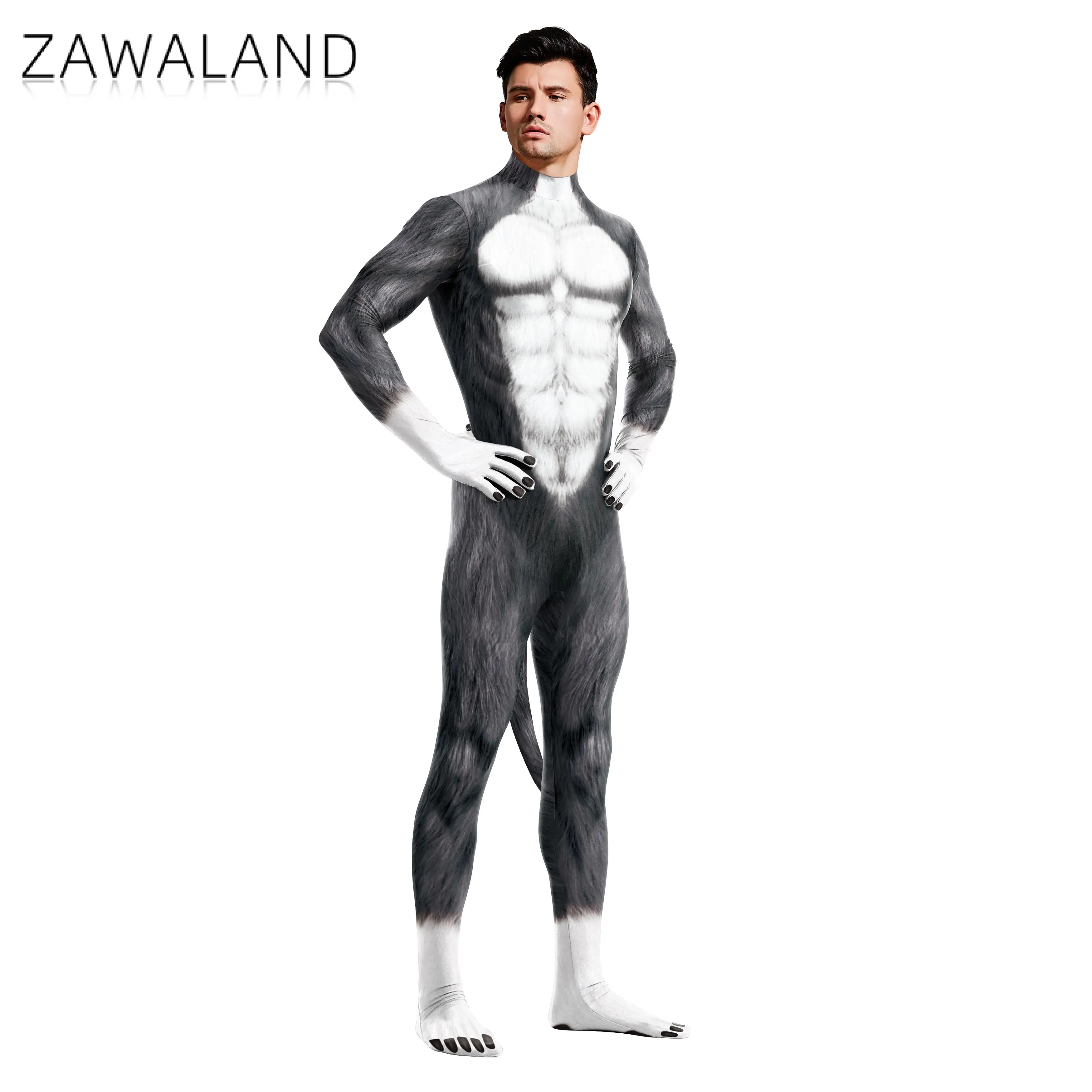 Zawaland Animal Catsuit com cauda Virilha Zipper, Snow Wolf Costume, Halloween Party Cosplay, Disfarce Bodysuit Zentai, Roupa Casal, Bodysuit