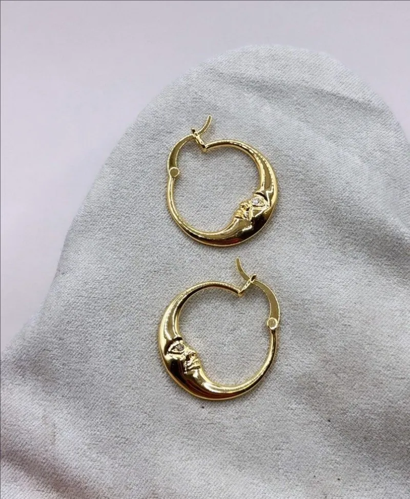 Moon Face Hoop Earrings • Gold Crescent HoopsThin Hoop • Celestial • Crescent Moon Earrings